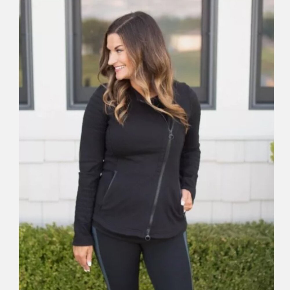 ATHLETA Moto Jacket Small Black Sport Sweatshirt City Travel Front Zip
